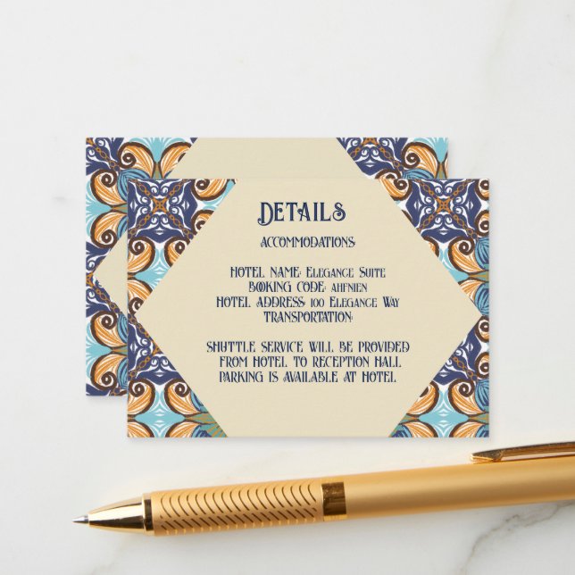 Elegant Mexican Talavera Wedding Details QR code Enclosure Card (Front/Back In Situ)