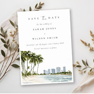 Elegant Miami Florida Palm Trees Beach Watercolor Save The Date