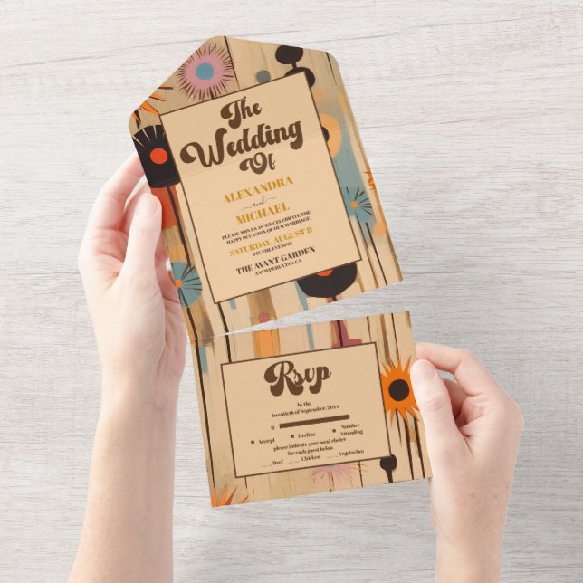 Elegant Mid Century Floral Wedding All In One Invitation (Tearaway)