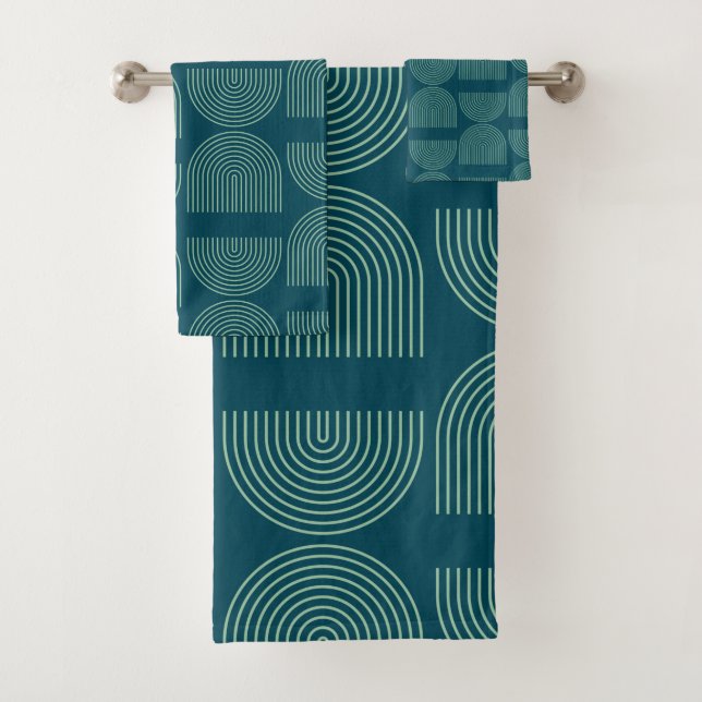 Elegant Mid Century Mod Arch Lines in Teal Blue   Bath Towel Set (Insitu)