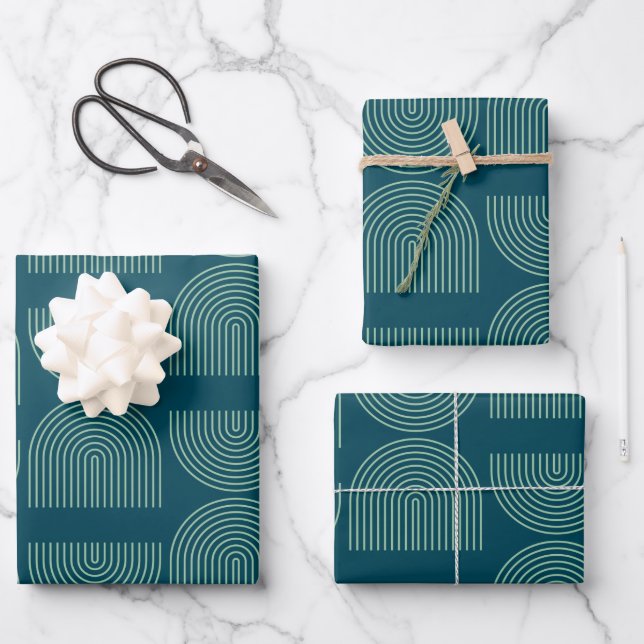 Elegant Mid Century Mod Arch Lines in Teal Blue Wrapping Paper Sheet (Front)