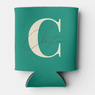 Elegant Mid-Century Modern Monogram Aqua Beach Can Cooler