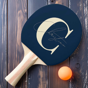 Elegant Mid-Century Modern Monogram Deep Sea Blue Ping Pong Paddle