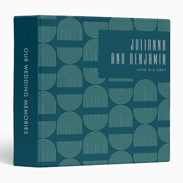 Elegant Mid Mod Arch Lines Teal Blue Wedding Binder (Front/Spine)