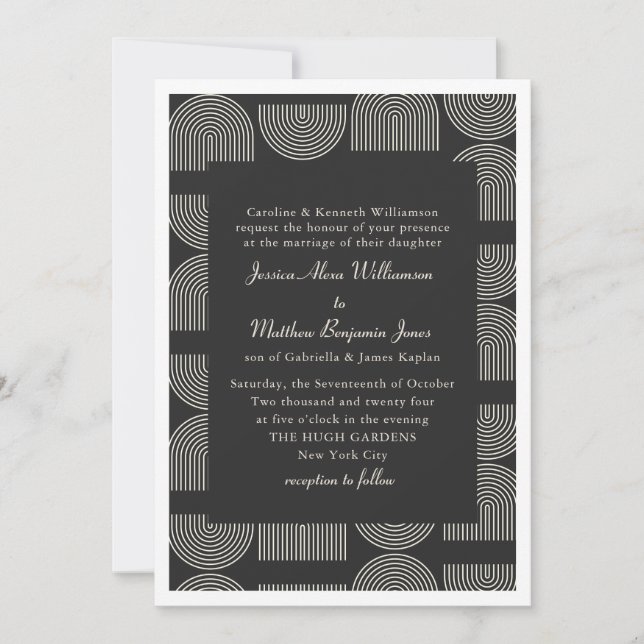 Elegant Mid Mod Lines Formal Black White Wedding  Invitation (Front)