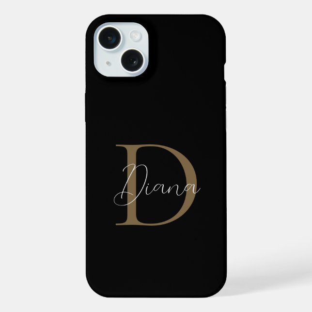Elegant Midnight Black Mossy Gold Script Monogram iPhone Case (Back)