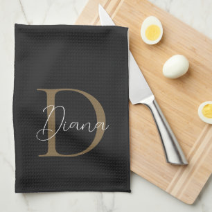 Elegant Midnight Black Mossy Gold Script Monogram Kitchen Towel