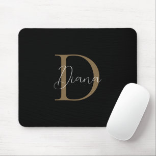 Elegant Midnight Black Mossy Gold Script Monogram Mouse Pad