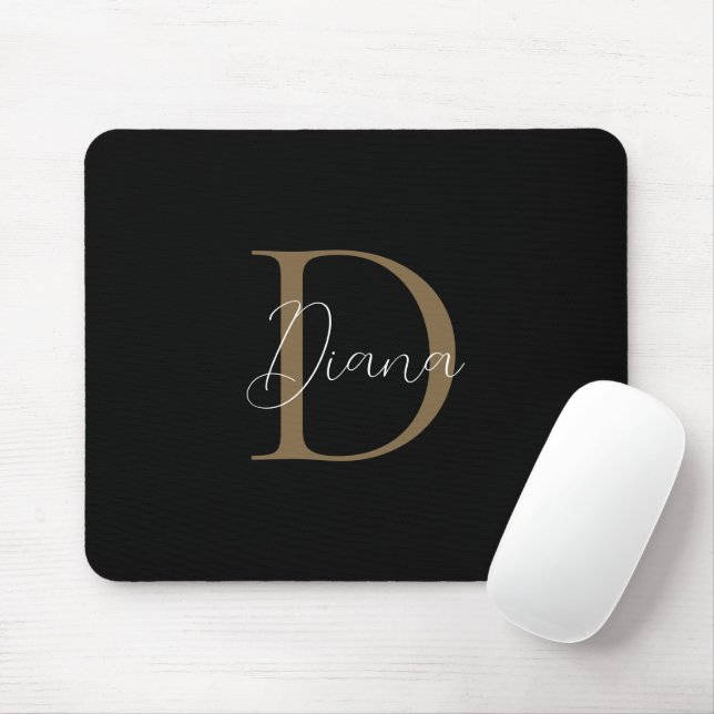 Elegant Midnight Black Mossy Gold Script Monogram Mouse Pad (With Mouse)