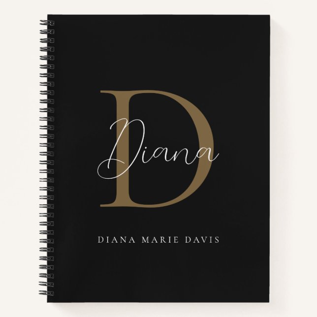 Elegant Midnight Black Mossy Gold Script Monogram Notebook (Front)