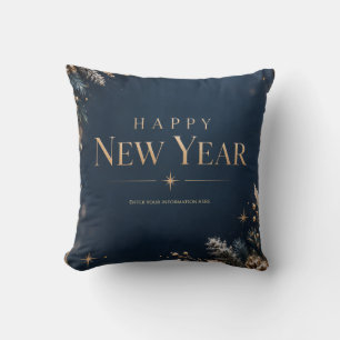 Elegant Midnight Blue and Gold Happy New Year Throw Pillow