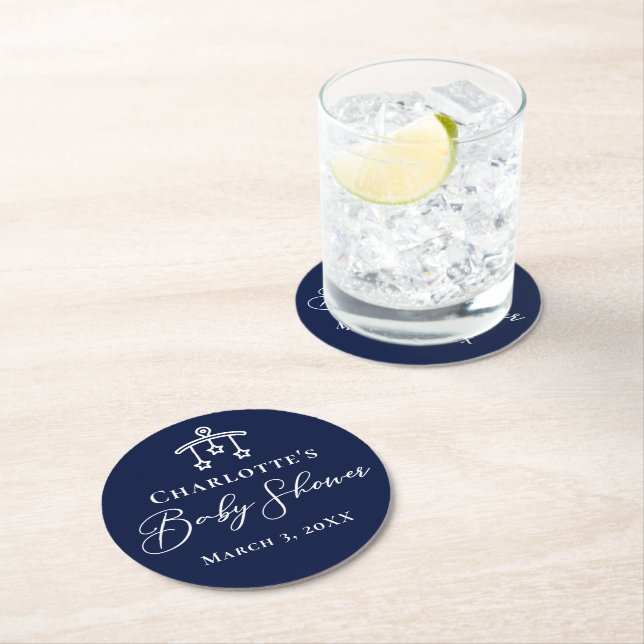 Elegant Midnight Blue Baby Shower Personalized Round Paper Coaster (Insitu)