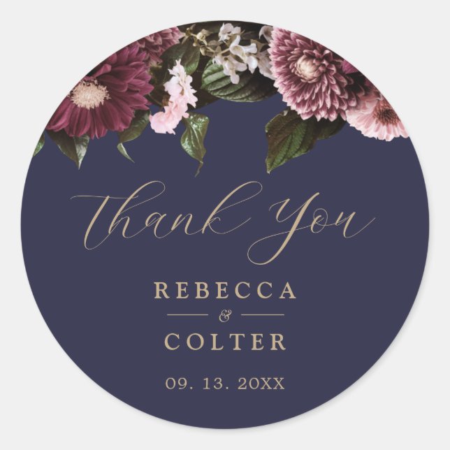 Elegant Midnight Blue Burgundy Floral Wedding Classic Round Sticker (Front)