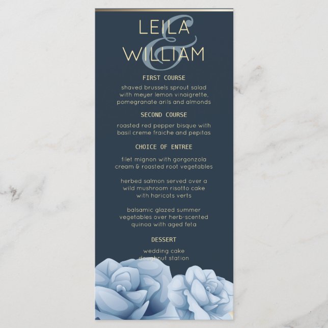 Elegant Midnight blue floral  Menu Card (Front)