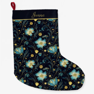 Elegant Midnight Blue & Gold Floral Personalized Large Christmas Stocking