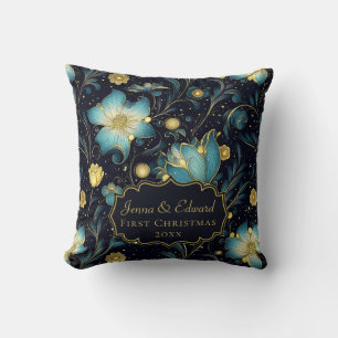 Elegant Midnight Blue & Gold Floral Personalized Throw Pillow