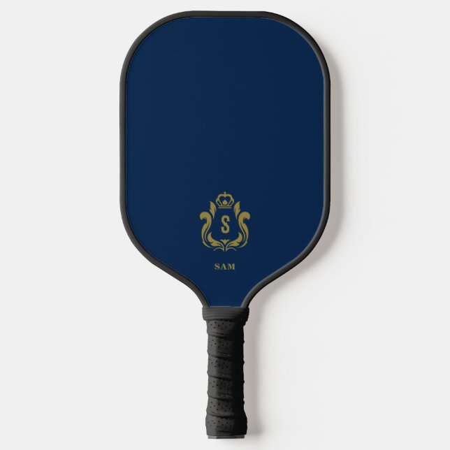 Elegant Midnight Blue Monogrammed Pickleball Paddle (Front)