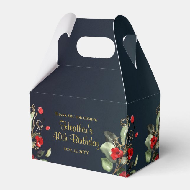 Elegant Midnight Blue Red Floral Birthday Favor Box (Front Side)