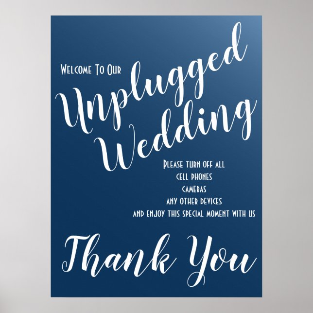Elegant Midnight Blue Unplugged Wedding Sign (Front)