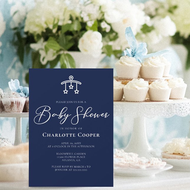 Elegant Midnight Blue White Baby Shower Invitation (Creator Uploaded)