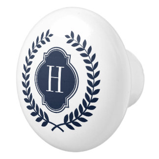 Elegant Midnight Blue Wreath Crest Monogram Ceramic Knob