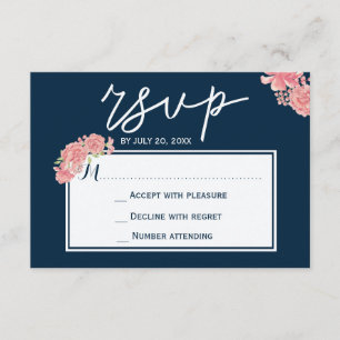 Elegant midnight navy pink peonies wedding RSVP
