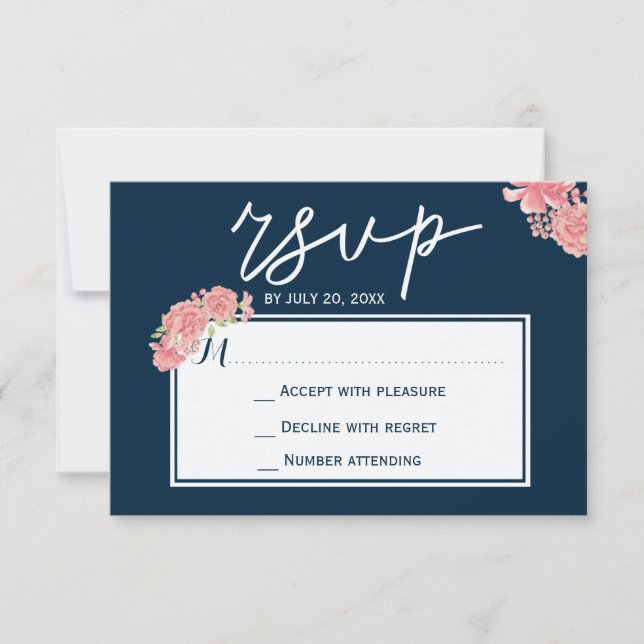Elegant midnight navy pink peonies wedding RSVP Card (Front)