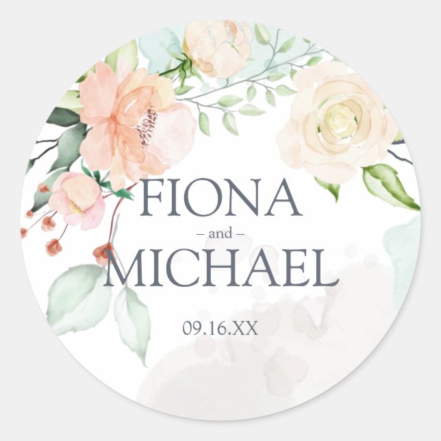 Elegant Midsummer Watercolor Floral Wedding Classic Round Sticker (Front)