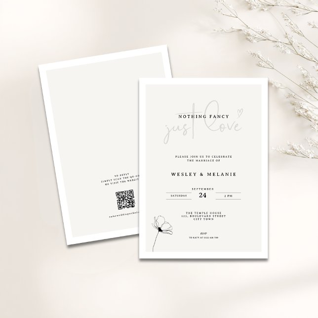 Elegant Mimimal Flower Nothing Fancy Wedding Invitation (Nothing fancy just love minimalist wedding invitation with line art flower and qr-code)