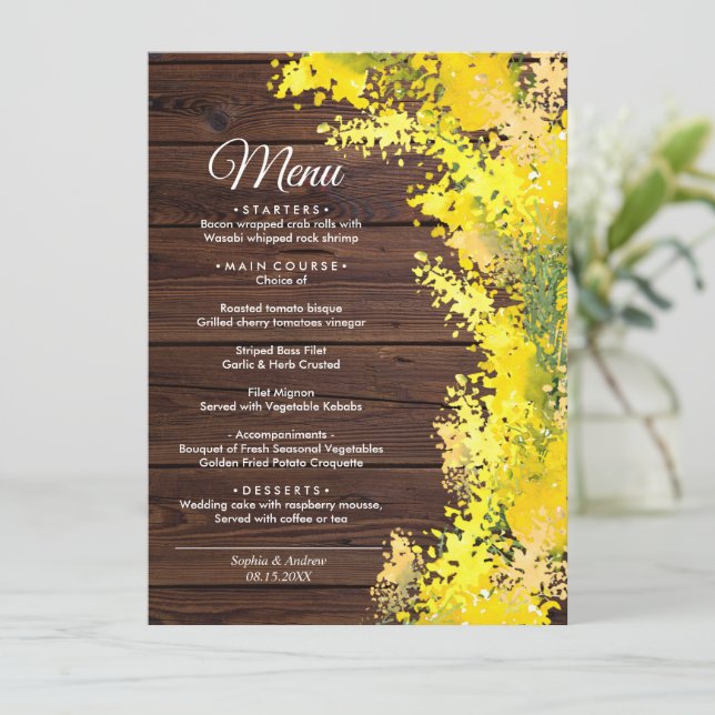 Elegant Mimosa Flowers Wedding Menu (Standing Front)