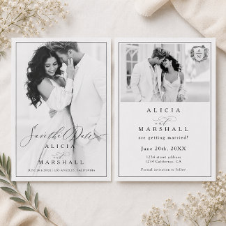 Elegant Minimal 2 Photo Floral Crest Wedding Save The Date