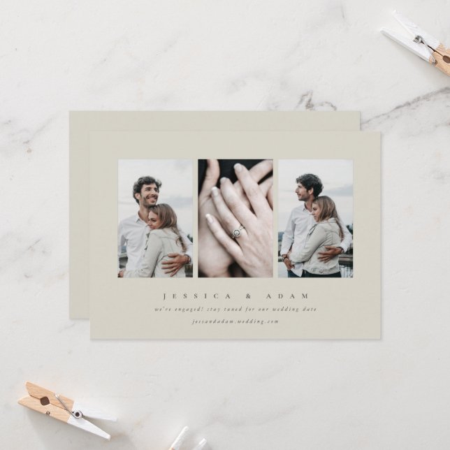 Élégant minimal 3 Fiançailles photo Faire-part (Devant/Arrière en situation)