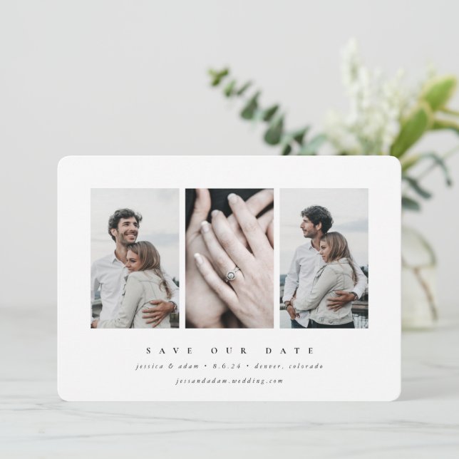 Elegant Minimal 3 Photo Save The Date (Standing Front)
