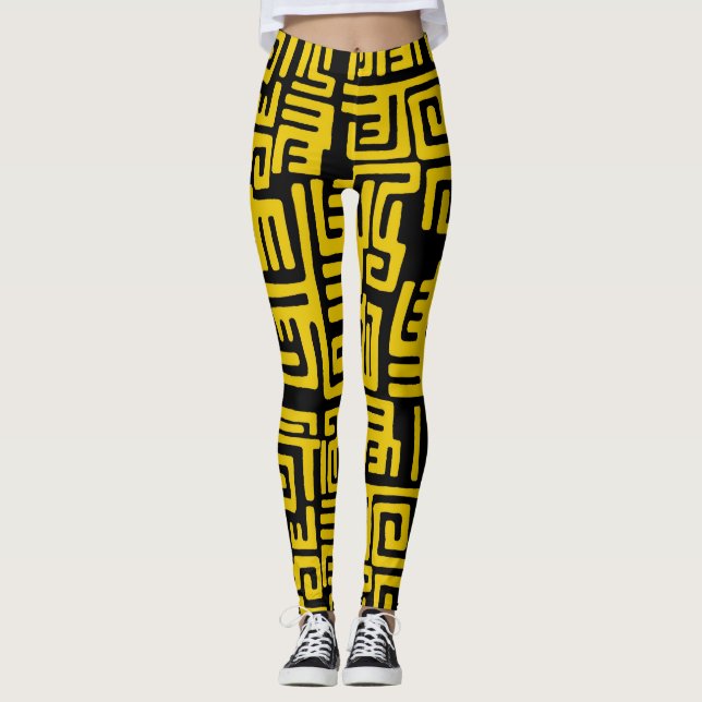 Elegant Minimal African Tribal Pattern Yellow Line Leggings (Front)