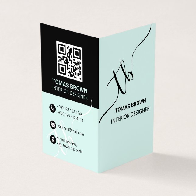Elegant minimal aqua black monogram initials business card (Outside)