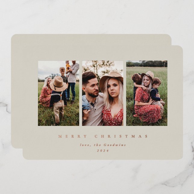 Elegant Minimal Beige Frame Triple Foil Holiday Card (Front/Back)