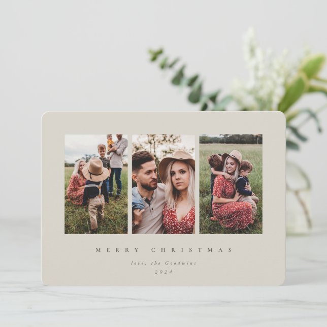 Elegant Minimal Beige Frame Triple Photo Holiday Card (Standing Front)