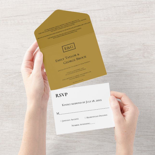 Elegant Minimal Beige Monogram Chic Modern Wedding All In One Invitation (Tearaway)