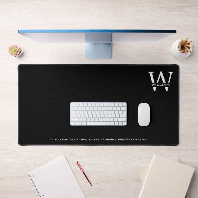 Elegant Minimal Black and White Monogram Name Desk Mat (Office 1)