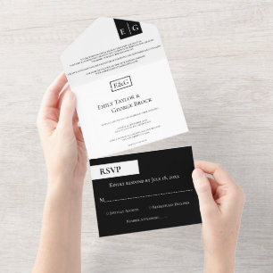Elegant Minimal Black And White Monogram Wedding All In One Invitation