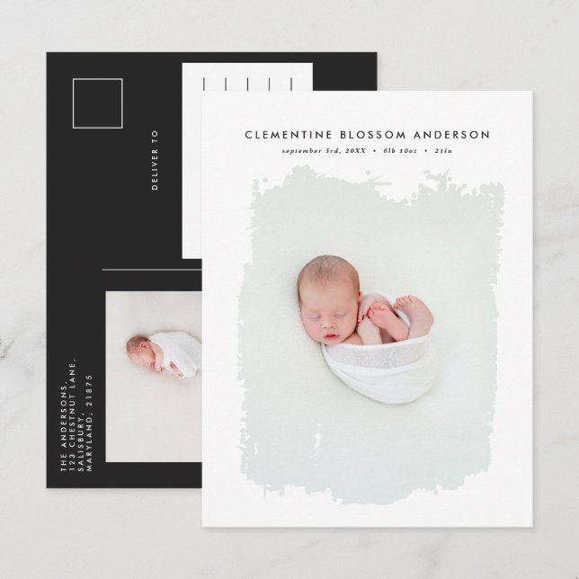 Elegant minimal black and white photo birth announcement postcard (Front/Back)