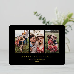 Elegant Minimal Black Frame Triple Photo Foil Holiday Card