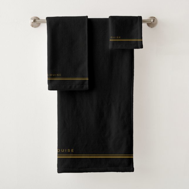 Elegant Minimal Black Gold Line Name Bath Towel Set (Insitu)