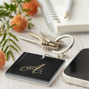 Elegant Minimal Black Gold Script Monogram Keychain