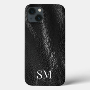 Elegant Minimal Black Leather Monogram Initials iPhone 13 Case