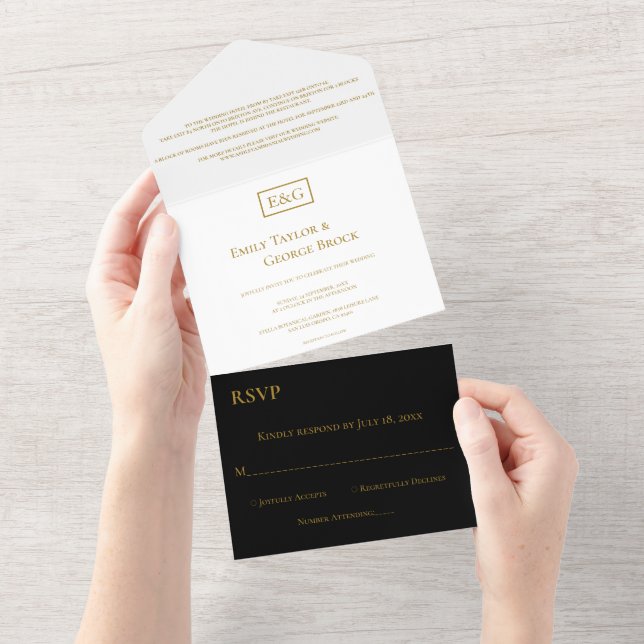 Elegant Minimal Black White Gold Monogram Wedding All In One Invitation (Tearaway)