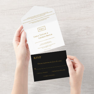 Elegant Minimal Black White Gold Monogram Wedding All In One Invitation