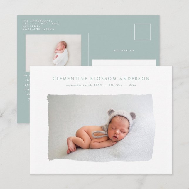 Elegant minimal blue birth announcement photo (Front/Back)
