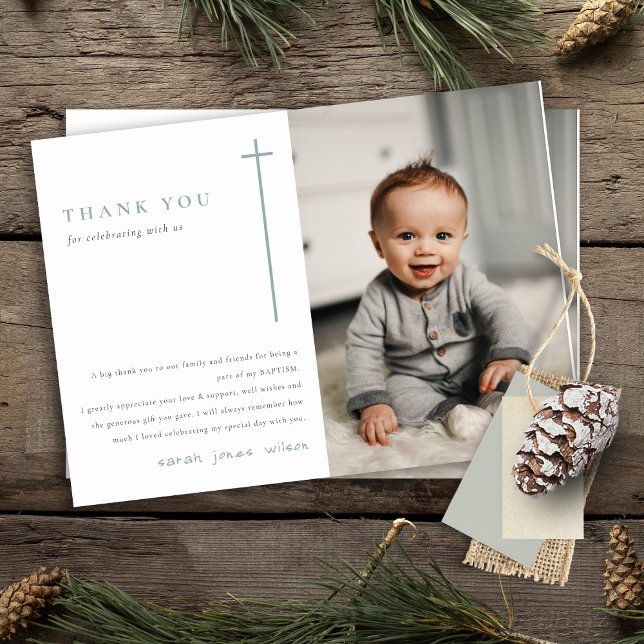 Elegant Minimal Blue Typography Photo Baptism Thank You Card (Creator Uploaded)