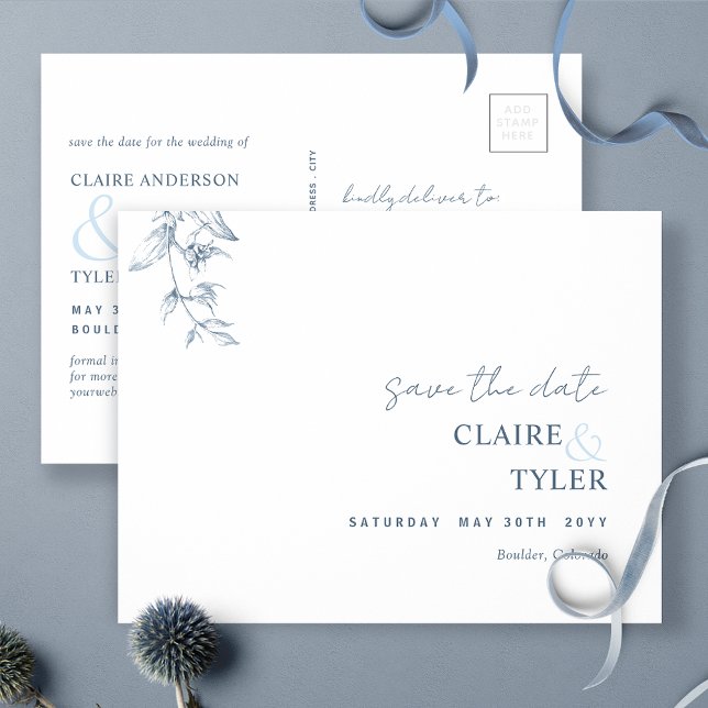 Elegant Minimal, Blue Wedding Save The Date Postca Postcard (Creator Uploaded)